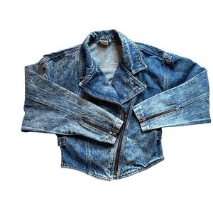 VTG 90’s Zena Acid Wash Crop Moto Jean Jacket Sz S Diagonal Zip Sleeve Cotton